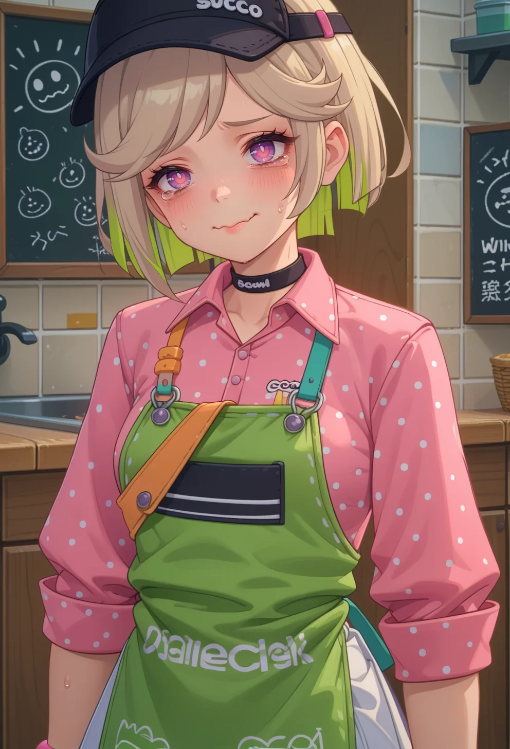 score_9, score_7_up, source_anime, BREAK <lora:AECoco:0.8> AECoco, pink eyes, purple eyes, multicolored hair, blonde hair, green hair, swept bangs, bags under eyes, visor cap, black headwear, black choker, collared shirt, polka dot, apron, bracelet, white gloves, white skirt,
nervous smile, sweat, tearing up, wavy mouth,