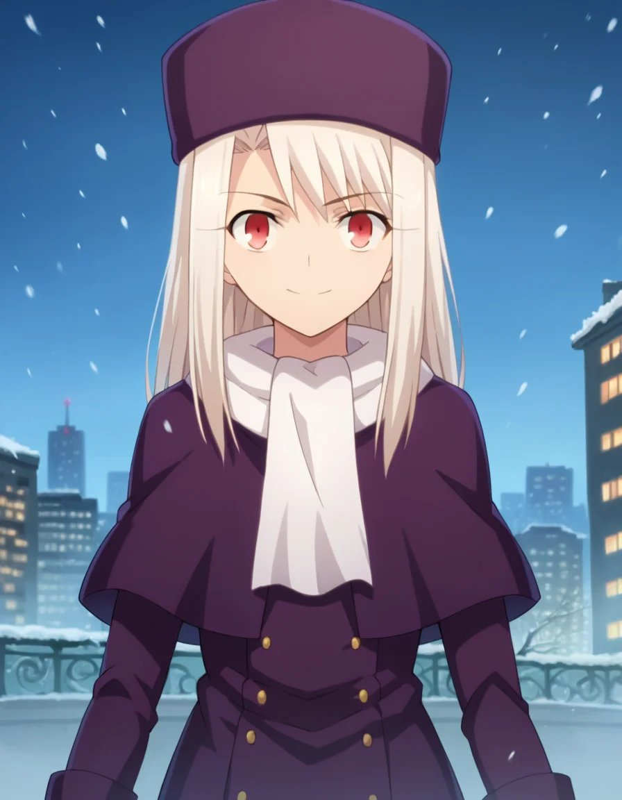 score_9, score_8_up, score_7_up, source_anime,
illyasvielvoneinzbern, <lora:illyasviel-von-einzbern-ponyxl-lora-nochekaiser:1>,
illyasviel von einzbern, long hair, red eyes, white hair, smile,
hat, boots, scarf, coat, capelet, white scarf, purple headwear, fur hat, papakha,
outdoors, cityscape, snowing,
looking at viewer, cowboy shot, dutch angle, dynamic pose,