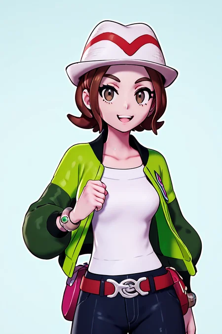 score_9, score_8_up, score_8, medium breasts, (curvy), cute, eyelashes, ,,, zzMC, brown eyes, brown hair, short hair, medium hair, white headwear, green jacket, long sleeves, open jacket, white shirt, collarbone, pants, bracelet, belt buckle, ,<lora:ProtagonistFPokemonZA_PDXL_v3:1.0>, ,,, BREAK, smile, looking at viewer, cowboy shot, ,,, embedding:zPDXL, Expressiveh, ,,, <lora:Zy0n7_PDXL:0.8>, <lora:SDXLFaeTastic2400:0.5>, <lora:Expressive_H-000001:0.4>,
