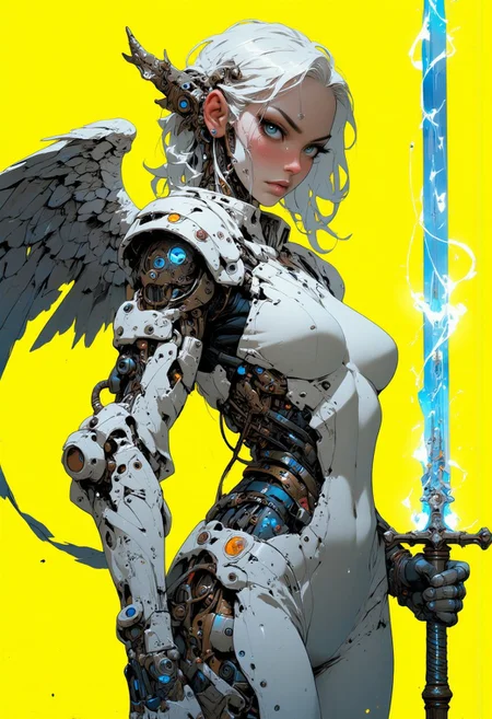 digital artwork of a futuristic, cyberpunk-styled female angelic android warrior with pale skin, long white hair, and large, expressive eyes. She wears a form-fitting, high-tech bodysuit with exposed, intricately designed mechanical parts, revealing ample cleavage. It also has mechanical angelic wings. The background is a solid, bright yellow, contrasting with her monochromatic attire. The lighting is even, highlighting her sleek, metallic textures. The image is a close-up, side profile, emphasizing her elegant, yet robotic appearance. In her left hand she holds a long, gleaming sword with a blue, ethereal flame emanating from the blade, adding a mystical and otherworldly element to the scene. The sword’s hilt is intricately designed with ornate details.