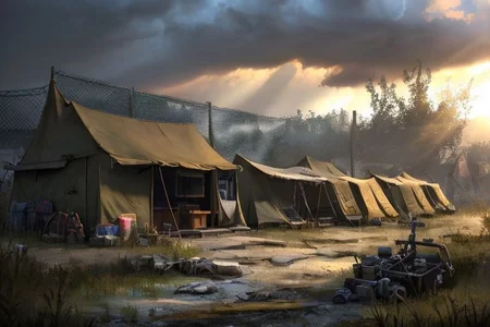 (masterpiece:1.2), (best quality,:1.2), 8k, HDR, ultra detailed, ((photorealistic)), professional light, cinematic lighting, fashion photography, ambient lighting, atmospheric effects, <lora:detail_slider_v4:3>, a small slaver camp in the Wasteland,   <lora:Wasteland-10:1>, style-rustmagic, epiCPhoto