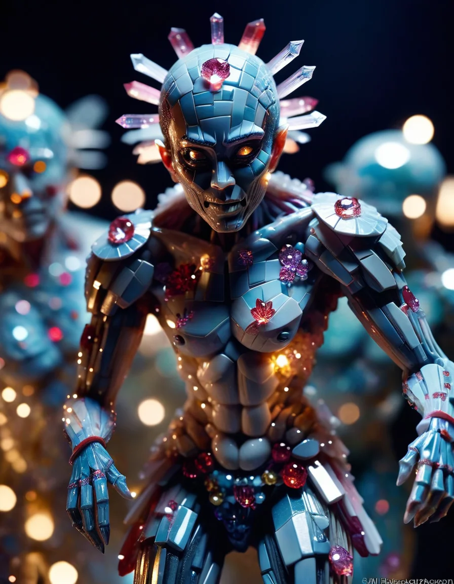 close up, hyper-articulated, nubile ((porcelain)) gynoid, obscured endoskeleton, olmec geisha assassin , thighs, guard patrolling an opulent zen gallery, SNL, tilt-shift effect, bokeh, nighttime, rich shadows, intricately detailed, rim lighting, made out of crystalz <lora:crystalz-lycoris:1>