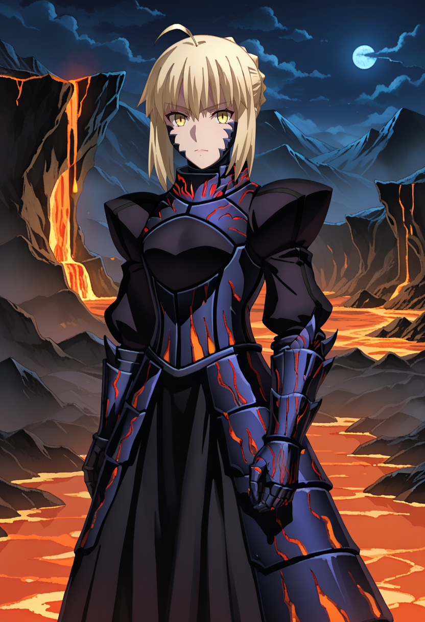 score_9,
<lora:FateStayNightUBW_SaberXL:0.9>, SaberFS,
1girl, solo,
blonde hair, yellow eyes, short hair, french braid, ahoge,
SaberAlter, dark persona, corruption, armor, black dress, gauntlets, juliet sleeves, faulds,
standing, looking at viewer,
outdoors, night, dark, fog, cave, lava, mountains