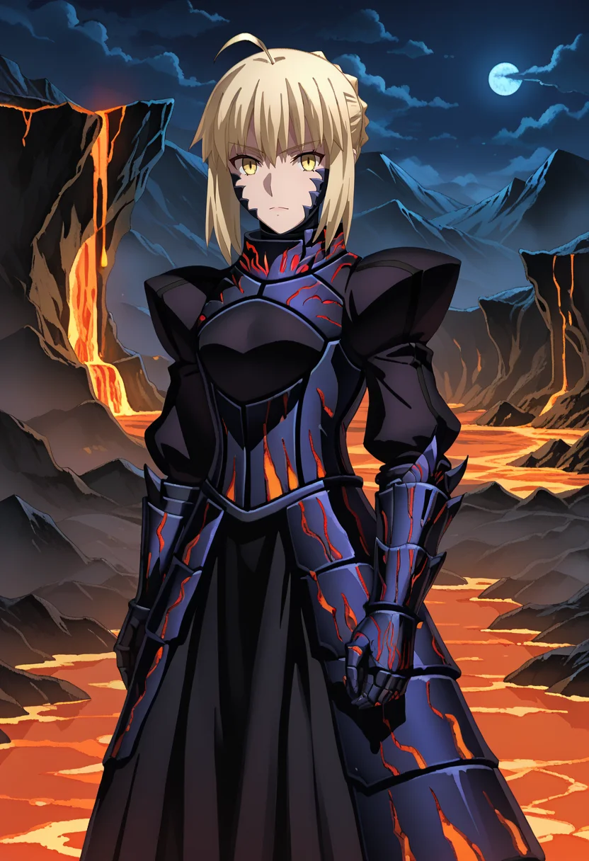 score_9,
<lora:FateStayNightUBW_SaberXL:0.9>, SaberFS,
1girl, solo,
blonde hair, yellow eyes, short hair, french braid, ahoge,
SaberAlter, dark persona, corruption, armor, black dress, gauntlets, juliet sleeves, faulds,
standing, looking at viewer,
outdoors, night, dark, fog, cave, lava, mountains