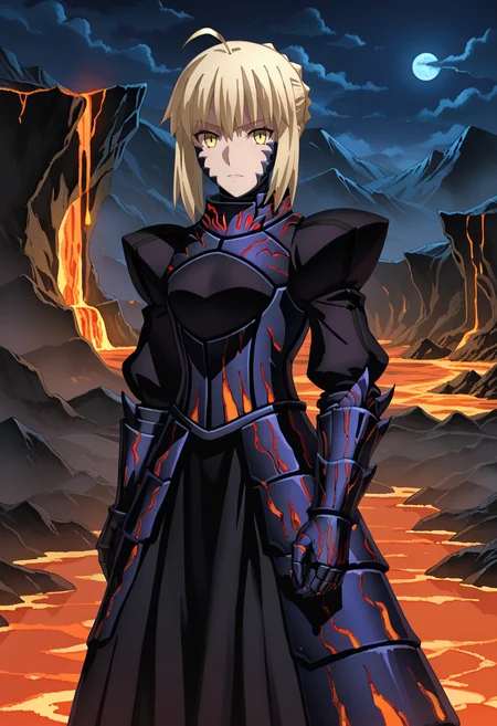 score_9,
<lora:FateStayNightUBW_SaberXL:0.9>, SaberFS,
1girl, solo,
blonde hair, yellow eyes, short hair, french braid, ahoge,
SaberAlter, dark persona, corruption, armor, black dress, gauntlets, juliet sleeves, faulds,
standing, looking at viewer,
outdoors, night, dark, fog, cave, lava, mountains
