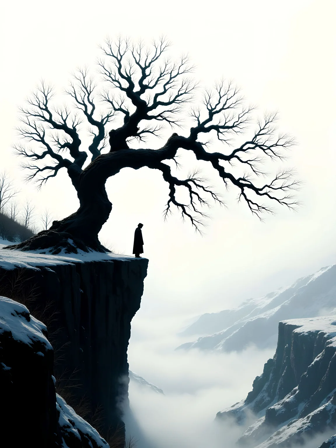 Illustrate a solitary figure standing on the edge of a snow-covered cliff, silhouetted against a misty, white background that enhances their dark outline. To the right, a leafless tree with intricate, sprawling branches reaches outward, with each branch resembling twisted tentacles or outstretched arms. Both the figure and tree are depicted in stark silhouette, creating a serene, mysterious, and melancholic atmosphere. The frost-covered ground beneath them adds to the wintery stillness, and the soft, misty lighting emphasizes the quiet, contemplative mood of the scene. aidmaimageupgrader, aidmaMJ6.1m, detailmaximizer, mythp0rt, drkfnts <lora:aidmaImageUpgrader-FLUX-V0.2:1.0> <lora:flux.1_lora_flyway_Epic-detail_v2:0.8> <lora:aidmaMJ6.1_aidmaMJ6.1-FLUX-v0.4:0.6> <lora:mythp0rt_FluxMythP0rtr4itStyle:0.8> <lora:v1v1dr34m:0.8>