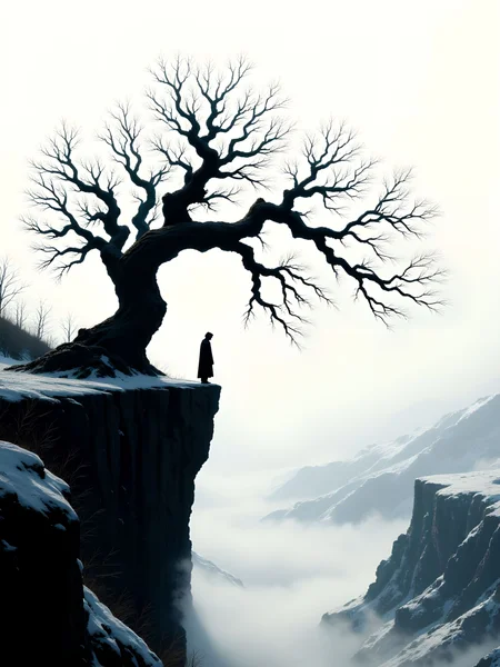 Illustrate a solitary figure standing on the edge of a snow-covered cliff, silhouetted against a misty, white background that enhances their dark outline. To the right, a leafless tree with intricate, sprawling branches reaches outward, with each branch resembling twisted tentacles or outstretched arms. Both the figure and tree are depicted in stark silhouette, creating a serene, mysterious, and melancholic atmosphere. The frost-covered ground beneath them adds to the wintery stillness, and the soft, misty lighting emphasizes the quiet, contemplative mood of the scene. aidmaimageupgrader, aidmaMJ6.1m, detailmaximizer, mythp0rt, drkfnts <lora:aidmaImageUpgrader-FLUX-V0.2:1.0> <lora:flux.1_lora_flyway_Epic-detail_v2:0.8> <lora:aidmaMJ6.1_aidmaMJ6.1-FLUX-v0.4:0.6> <lora:mythp0rt_FluxMythP0rtr4itStyle:0.8> <lora:v1v1dr34m:0.8>
