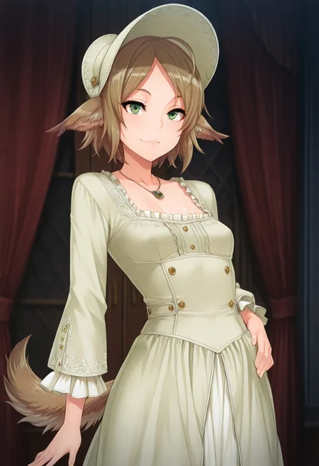 (1girl, solo) noa riads, animal ears, Green Eyes, tail, brown hair, short hair, Pretty eyes, , 1girl, solo,, brown hair,, fluffy tail, ahoge, animal ears, dog ears, small breasts, swept bangs , green eyes, animal ears, tail, , ,
Eye focus , shiny skin, shiny body, shiny hair, (best quality) , (highly detailed) ,((masterpiece)), ((best quality)), (ultra-detailed), ((extremely detailed)), (high resolution), 4K, (8K), best quality, (beautiful), (dynamic lighting), (super detailed skin), sharp focus,detailed eyes、detailed face and detailed skin detailed eyes、detailed face and detailed skin,  , clear skin, shiny hair, ultra detailed eyes, depth of field, sharp, intricate details, hyperdetailed, , 
, best quality, (beautiful), (dynamic lighting)  (standing, 3/4 view), perfect face, beautiful face, defined cheekbones, defined jawline, confident expression, narrow eyes, one hand on hip, perfect hands, 5 fingers, slender waist, Victorian dress with white frills, bonnet hat, , necklace,
  ,, shindol style