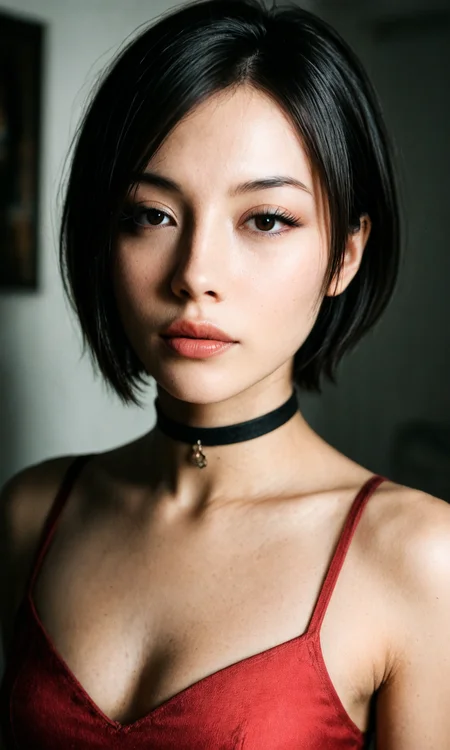 embedding:Stable_Yogis_Illustrious_Positives, 1990's amateur photograph, photorealistic, masterpiece, 1girl, solo, ada wong, black hair, short hair, brown eyes, black choker, red dress, eyelashes, lips, close-up, eye focus, parted lips,<lora:ada_wong_sdxl.safetensors:1.0:1.0>