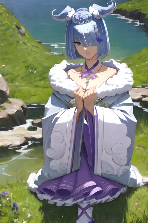 solo, 1girl, solo_focus, (((masterpiece))), ((best quality)), ((ultra-detailed)), high resolution, absurdres, highres, ultra-detailed 8k unity wallpaper, 
elira2st, tiara, japanese clothes, grey kimono, wide sleeves, single thighhigh, purple skirt, off shoulder, necklace, fur trim, thigh strap, tabi, sandals, purple nails