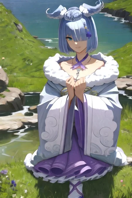 solo, 1girl, solo_focus, (((masterpiece))), ((best quality)), ((ultra-detailed)), high resolution, absurdres, highres, ultra-detailed 8k unity wallpaper,
elira2st, tiara, japanese clothes, grey kimono, wide sleeves, single thighhigh, purple skirt, off shoulder, necklace, fur trim, thigh strap, tabi, sandals, purple nails