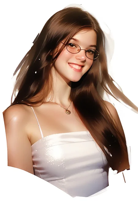 score_9, score_8_up, score_7_up, score_6_up, source_cartoon, 1girl, 30 year old female, solo, femenine, petite, lean, pale skin, thick nerdy glasses, eyelids brown, brown eyes, soaking wet hair, long hair, brown hair, smile, diaphonous white dress, bronze necklace, medium breasts, female focus, official style, close up, perfect anatomy, perfect face, standing, abstract beauty, beautiful, centered, looking at the camera, approaching perfection, dynamic, moonlight, highly detailed, watercolor painting, artstation, concept art, smooth, sharp focus, illustration, portrait
