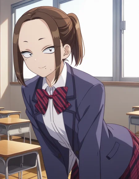score_9, score_8_up, score_7_up, source_anime,
neneonemine, <lora:nene-onemine-s1s2-ponyxl-lora-nochekaiser:1>,
nene onemine, brown hair, ponytail, mole, mole under eye, mole under mouth, short hair,
skirt, shirt, long sleeves, bow, school uniform, jacket, white shirt, pantyhose, pleated skirt, striped, collared shirt, bowtie, red skirt, blazer, blue jacket, striped bow, striped bowtie,
indoors, classroom, bent over, smile,
looking at viewer, cowboy shot, dutch angle, solo,