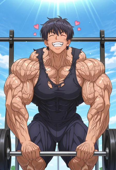 masterpiece, best quality, amazing quality, very aesthetic, absurdres, intricate details, five digits
, solo, 1boy, male focus, muscular male,clenched teeth, thick arms, weightlifting, exercise, veiny body, veiny arms, veiny neck, veiny face,
, <lora:nb-c_v2_IL-000025:1>,1boy, male focus, solo, closed eyes, smile, open mouth,heart emotes,anime, volumetric lighting, day, light particles,flexing,hulking out, muscular,torn clothes, roaring,hyper muscles growth, hyper muscles bigger,Masaya_Aoyama_2022, black hair, brown eyes, anime coloring,