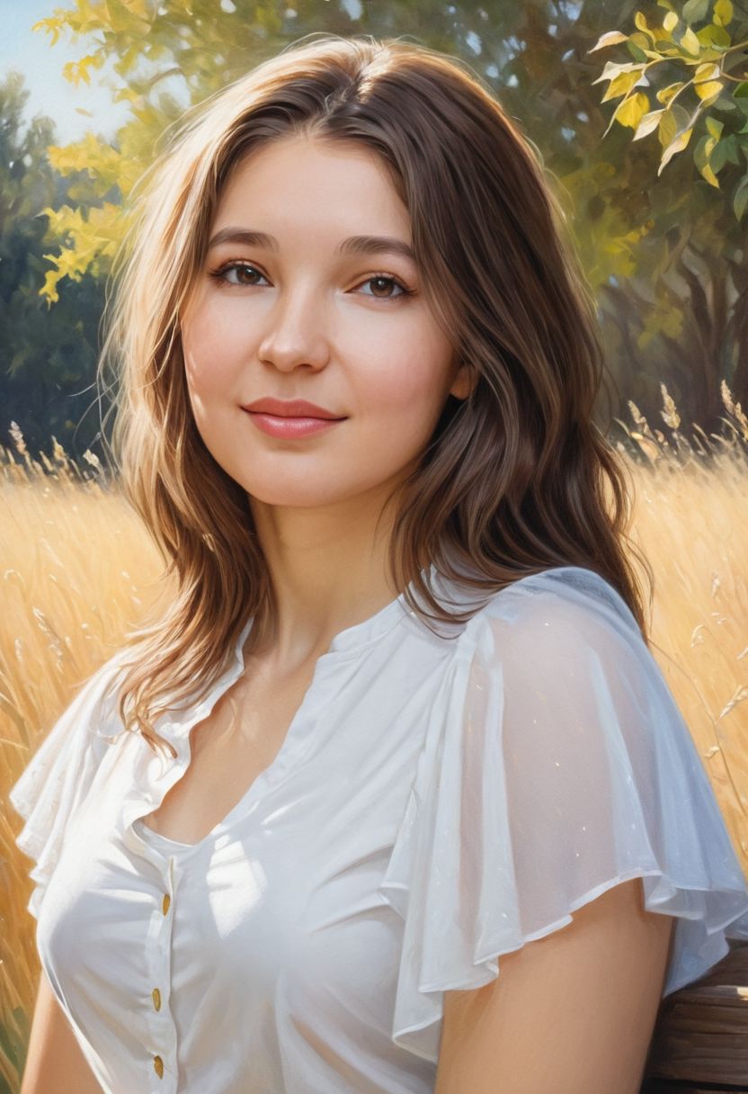 ((detailed)), ((masterpiece)), ((best quality)), ((Impressive)), (Impressive), (Enchanting), Angelicaa,  Young Woman, Caucasian, Painting, Canvas painting, Painterly creation, Natural lighting, Outdoor lighting, Daylight, Sunlight, Versatile focal length, Natural field of view