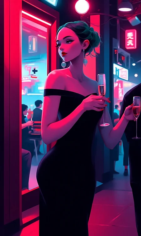In a neon-lit night scene, a woman in a black off-the-shoulder evening dress stands at the door of the bar, holding a champagne glass in hand. The background is the lively city nightlife scene.