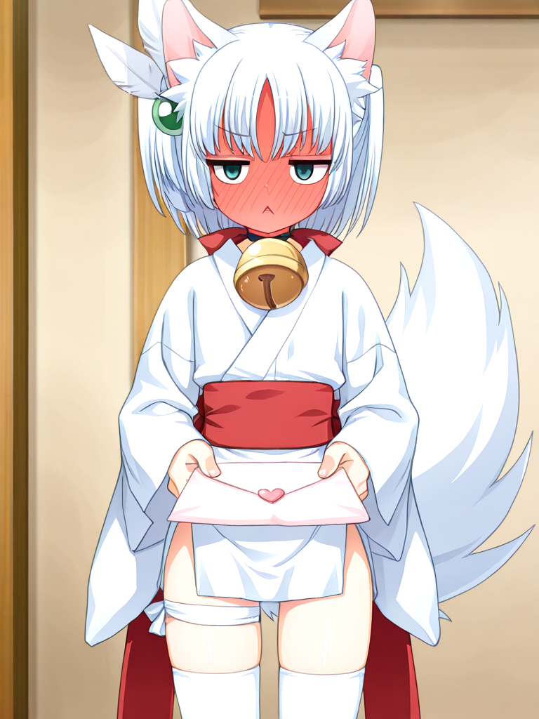 <lora:il-ruri-tenshin-rurikami-000009>,il-ruri-tenshin,1girl,rurikami outfit,silver hair,solo,japanese clothes,short hair,side hair ornament is feathers tied on green spherical,miko,animal ears,green eyes,white wrap-style japanese clothes with visible skin,neck bell chocker,oversized white kimono sleeves,waist bowtie removed,(red tabi with large golden bell cloth end),exposed thighs,white bandages around the thighs,short white fudonshi,short white fudonshi,fluffy tail,black sole geta with white socks,
masterpiece,best quality,newest,absurdres,highres,detailed eyes,beautiful,detailed background,perfect eyes,anime coloring,anime screencap,
<lora:add-detail-xl:1>,<lora:ponyv4_noob1_2_adamW-000017:0.8>,wear clothes,
1girl,solo,
<lora:incoming_letter_ilxl:1>,incoming letter,holding letter,love letter,full-face blush,cowboy shot,
jitome,:<,triangle mouth,looking at another,
