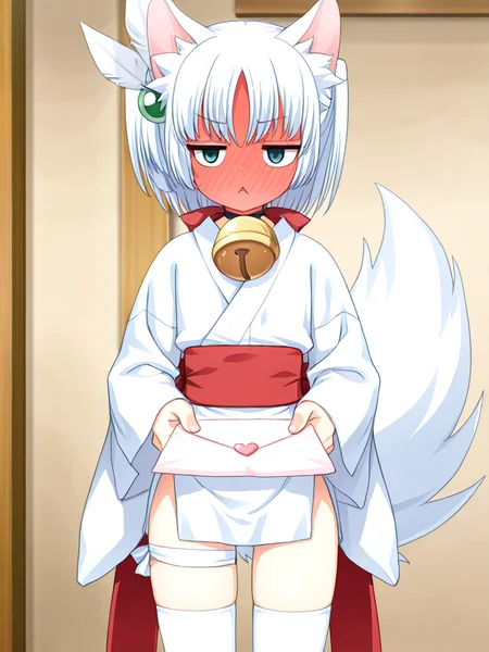 <lora:il-ruri-tenshin-rurikami-000009>,il-ruri-tenshin,1girl,rurikami outfit,silver hair,solo,japanese clothes,short hair,side hair ornament is feathers tied on green spherical,miko,animal ears,green eyes,white wrap-style japanese clothes with visible skin,neck bell chocker,oversized white kimono sleeves,waist bowtie removed,(red tabi with large golden bell cloth end),exposed thighs,white bandages around the thighs,short white fudonshi,short white fudonshi,fluffy tail,black sole geta with white socks,
masterpiece,best quality,newest,absurdres,highres,detailed eyes,beautiful,detailed background,perfect eyes,anime coloring,anime screencap,
<lora:add-detail-xl:1>,<lora:ponyv4_noob1_2_adamW-000017:0.8>,wear clothes,
1girl,solo,
<lora:incoming_letter_ilxl:1>,incoming letter,holding letter,love letter,full-face blush,cowboy shot,
jitome,:<,triangle mouth,looking at another,