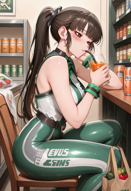 masterpiece, best quality, amazing quality, very aesthetic, absurdres, newest, chromatic aberration, (solo), 1girl, evesb, brown eyes, black hair, ponytail, blunt bangss, ( pink blush:1.3), medium breast, ,,, shiny skin,,, masterpiece, best quality, anime screencap, adult woman, simple anime style, detailed pupils, newest, masterpiece, best quality, amazing quality, in casual clothes sits on the chair, leaning on one hand. In the other hand, she holds a glass with a straw and an orange drink. squatting. She also holds a shopping bag filled with groceries — cans, boxes, tomatoes, and other items. The bag appears full, with a visible receipt sticking out. products fall out of the bag. Background is solid dark green, emphasizing the figure and colorful elements, <lora:detail_slider_v1_000000450:5> <lora:TrendCraft_The_Peoples_Style_Detailer-v1.0A-3_13_2025-illustrious:0.2>