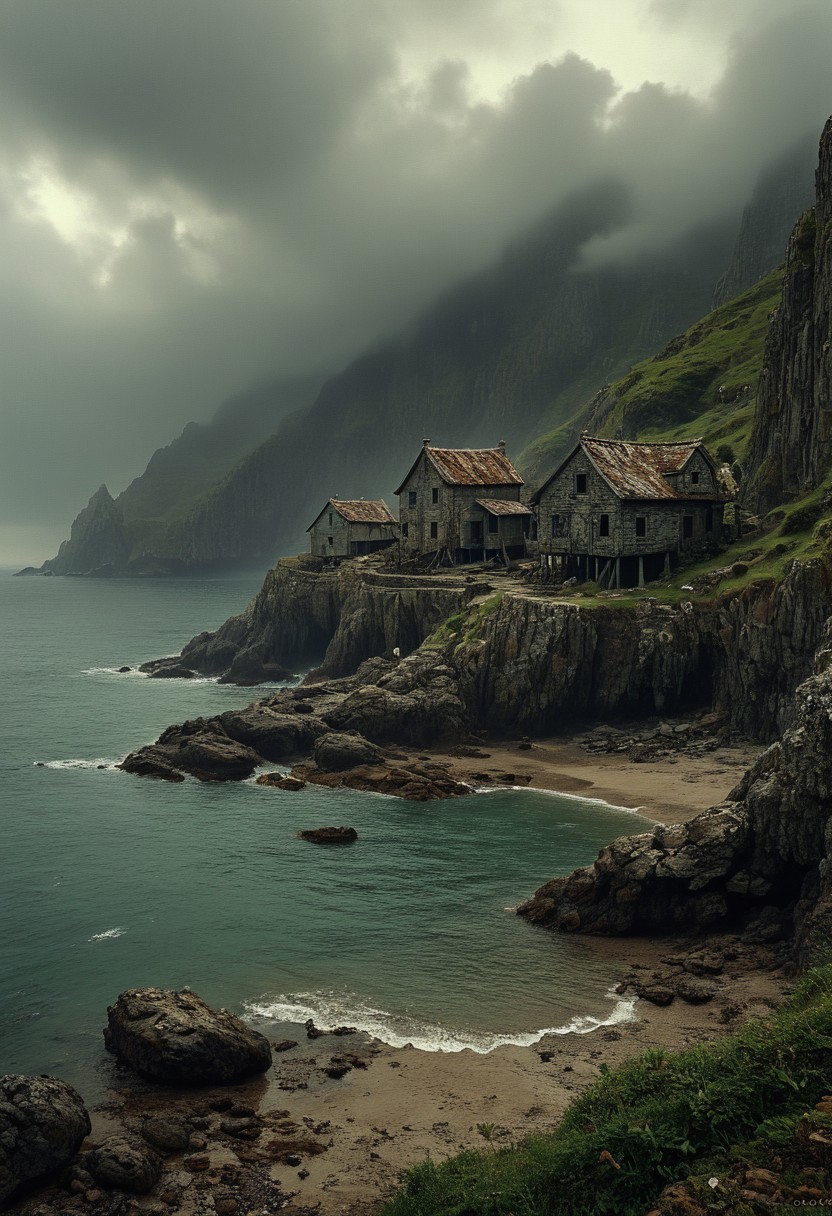 Abandoned Fishing Village on Rocky Shoreline
An old, weathered fishing village clings to a rocky shoreline, shrouded under heavy clouds that cast a moody atmosphere. Gerhard Richter’s ethereal sense of atmosphere envelops the scene, infusing it with a haunting beauty. Oscar Ukuno’s hyper-shaded realism defines the intricate textures of the weathered wood and rugged stone, bringing each element to life. David Kassan subtly incorporates human presence, hinting at stories of the village's past. Together, these artists create a compelling narrative of abandonment and nostalgia, evoking a sense of mystery and the passage of time along the coast.
vivid colors. 
detailmaximizer, aidmaMJ6.1,  Movie Still, Film Still, Cinematic, Cinematic Shot, Cinematic Lighting, detailxl, flux-style, midjourneyv6.1