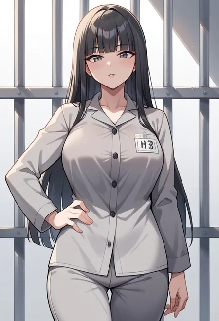 score_9, score_8_up, score_7_up, score_6_up, 1girl, solo, BREAK naomish, black hair, long hair, blunt bangs, Prison clothes, gray uniform, pants, name tag, outdoors, cowboy shot, hand on hip, mature woman, looking at viewer, evil laught