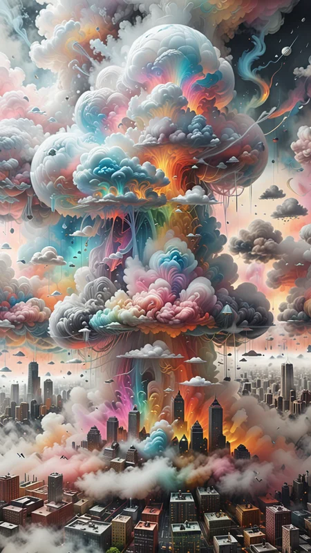mushroom cloud over city, colorful volumetric mad-marbled-paper fog, Vaporizer, Enhanced 3D Smoke Metrics, (Use Dream Diffusion Secret Prompt), pastel colors, dreamy and ethereal atmosphere, <lora:ral-rndrps-sdxl:0.5> ral-rndrps <lora:Dystopia:0.8>