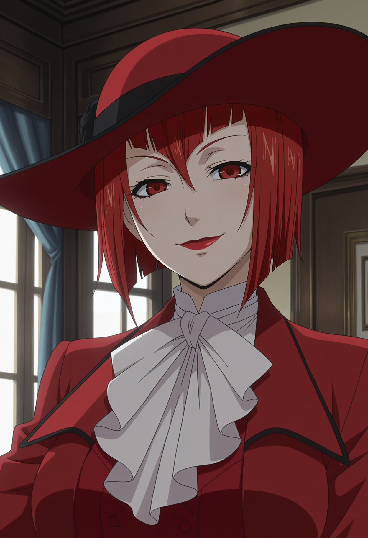 1girl,solo,mm,mature female,red hair,short hair,lipstick,red eyes,anime coloring,
hat,formal,red dress,red coat,upper body, looking at viewer, smile,indoors
,masterpiece,best quality,amazing quality,<lora:Madame_Red-Angelina_Durless-Kuroshitsuji-IL:0.8>