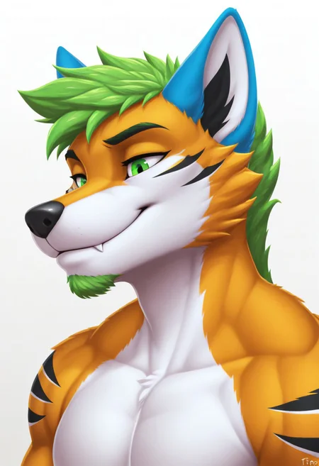 masterpiece, best quality, amazing quality, solo, 1boy, Tirox,fox,anthro,furry male,muscular,two toned fur,black stripes,blue animal ears,green facial hair,green hair,blue markings,green eyes,
White background, face focus,