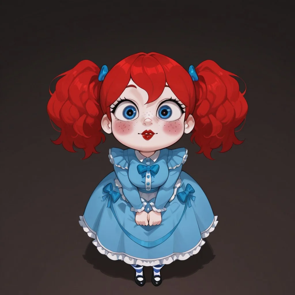 masterpiece, best quality, amazing quality, high resolution, ultra-detailed, absurdres, newest,
poppyplaytime, 1girl, red hair, blue bows, blue bows in hair, freckles, rosy cheeks, red lips,
blue dress, frills, long skirt, ruffled skirt, black footwear, striped thighhighs, thighhighs,
standing,
looking at viewer, from above,
simple background