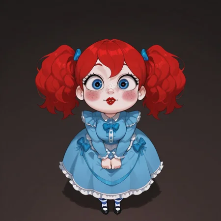 masterpiece, best quality, amazing quality, high resolution, ultra-detailed, absurdres, newest, 
poppyplaytime, 1girl, red hair, blue bows, blue bows in hair, freckles, rosy cheeks, red lips, 
blue dress, frills, long skirt, ruffled skirt, black footwear, striped thighhighs, thighhighs, 
standing, 
looking at viewer, from above, 
simple background