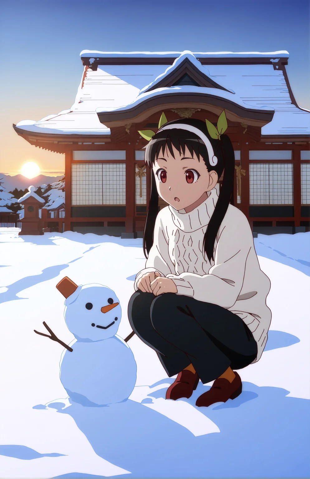 HachikujiMayoi. 1girl, solo, black hair, red eyes, twintails, hair band, green hairbow, (white wool sweater, pants), japanese temple, sunrise, snow, winter, snowman, making snowman
