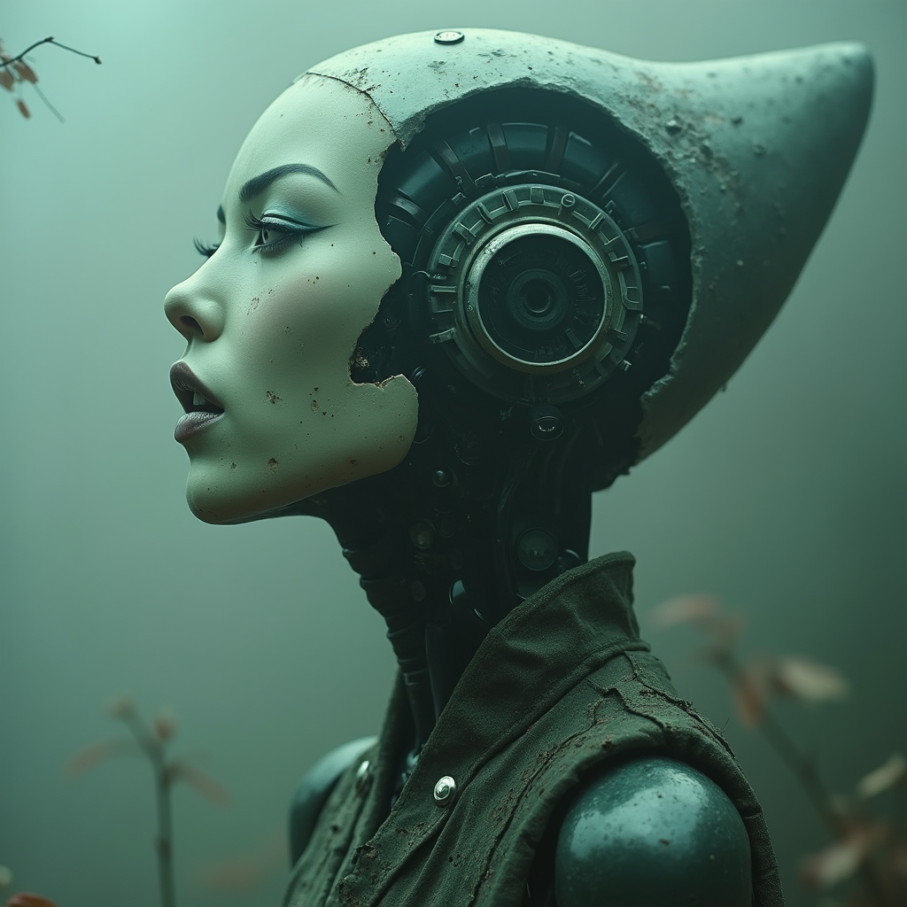 ((android:1.8) Geisha from film ghost in shell:1.5) cyborg parts,scream, creepy, dark movie atmosphere,, fog, natural light