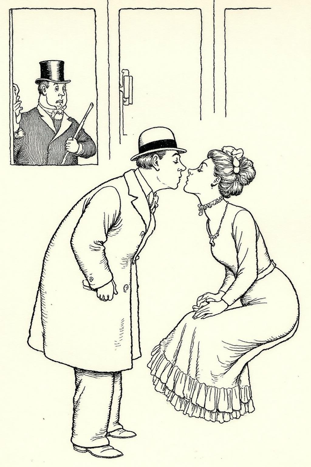 whrob1 illustration. 
Side profile view of a man and a woman are engaged in a kiss inside a train compartment. They are leaning in towards each other with their eyes closed. The man, on the left, is dressed in a long coat, a bowler hat, and a tie, with a slightly rounded body shape. There is a man wearing a tall tophat and holding a batton standing outside the window of the compartment. <lora:whrob1_cap_d6a3e11:1.0><lora:828456044440170440:0>