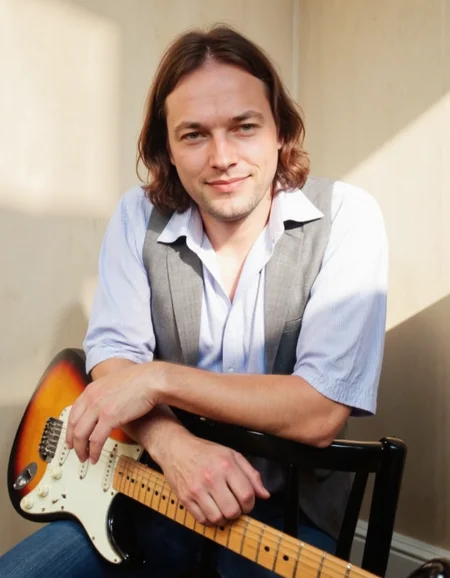 <lora:DAVID_GILMOUR:1>This photograph features a man sitting in a relaxed pose, leaning slightly forward with his arms crossed. He has shoulder-length, dark brown hair that falls naturally around his face. The man is wearing a light blue, short-sleeved button-up shirt with vertical stripes, paired with a grey, sleeveless vest. He is also wearing blue jeans. His expression is calm and slightly smiling.
In front of him, on a black chair, lies an electric guitar with a distinctive sunburst finish, transitioning from a dark brown at the head to a lighter yellow at the body. The guitar's neck is positioned towards the man, with the body resting on the chair. The man's right hand is placed on the guitar, suggesting he may be a musician or enthusiast.
The background consists of a plain, light beige wall, providing a neutral backdrop that highlights the subject. The lighting is soft and even, casting gentle shadows and highlighting the textures of the man's clothing and the guitar. The overall mood of the photograph is casual and intimate, capturing a moment of relaxed enjoyment.