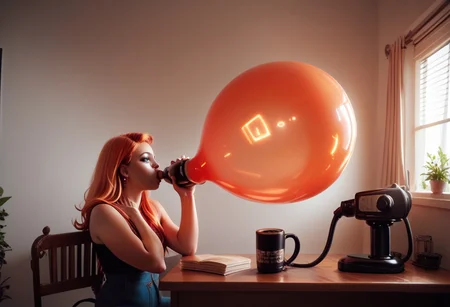 Coffee machine, score_9, score_8_up, score_7_up, score_6_up, score_5_up, score_4_up, flamestyle, perfect face, perfect eyes, she is blowing up a huge balloon, overinflating, the balloon shows wisps of flame inside it.