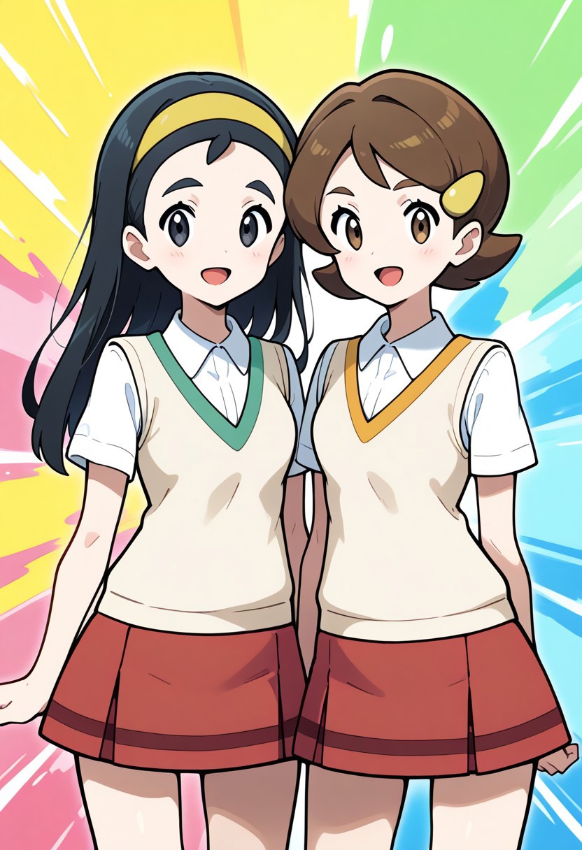 2d, masterpiece, best quality, amazing quality, highres, absurdres, newest, 2girls, standing, smile, open mouth, cowboy shot, upper body, colorful background, multicolored background, color splashes, teammates \(pokemon\), senpai, long hair, black hair, black eyes, hairband, kohai, short hair, brown hair, hairclip, brown eyes, collared shirt, short sleeves, beige sweater vest, red skirt, miniskirt
