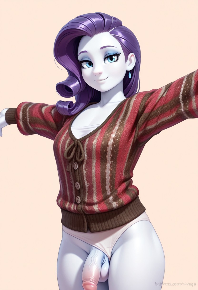 solo, crocheted sweater, anthro, pony, rarity, looking at viewer, arms outstreched, white panties, panties aside, smile, futanari, flaccid penis, blank background