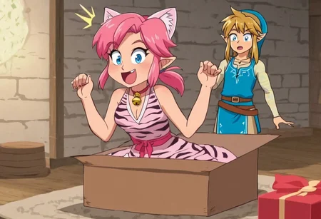Pink_DragonPink, 1girl, sleeveless dress, white tiger print dress, pelvic curtain, brihht pink hair, cleavage, cat bell necklace, cat ears, white tiger tail, red sash, small breasts, leather shoes, masterpiece, very aesthetic, <lora:pink-illustrious:1>, open mouth smiling, one fang showing
Break
1boy,Anime screencap,link (zelda),blonde hair,blue eyes,pointy ears, low ponytail, sidelocks, wearing blue hyilian tunic, surprised
Break
Inside cozy medieval shack, in front of fireplace, pr3s3nt, gift box, pink in container, waist up, link opening box, link surprised by pink popping up out of it,
