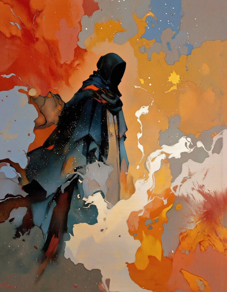 Art by Jeffrey Catherine Jones. A digital painting of a mysterious figure in a dark, hooded cloak, standing in the middle of the image, surrounded by a vibrant, abstract background of warm colors with hints of orange, yellow, and red, creating a mystical atmosphere. the figure is shrouded in darkness, with a ghostly appearance, and is positioned in the center of the frame, standing out from the rest of the scene with a sense of mystery and foreboding. the background is filled with a mix of warm hues, including shades of red, orange, and yellow, with splashes of white and blue, giving the impression of a starry night sky. the character's cloak is billowing behind them, adding to the sense of movement and energy, as if they are standing amidst the chaos. the overall mood is dark and moody, with the figure appearing to be in a state of isolation, and the colors blend together to create a dynamic and captivating scene. the image is signed by the artist in the bottom right corner, adding a personal touch to the artwork.