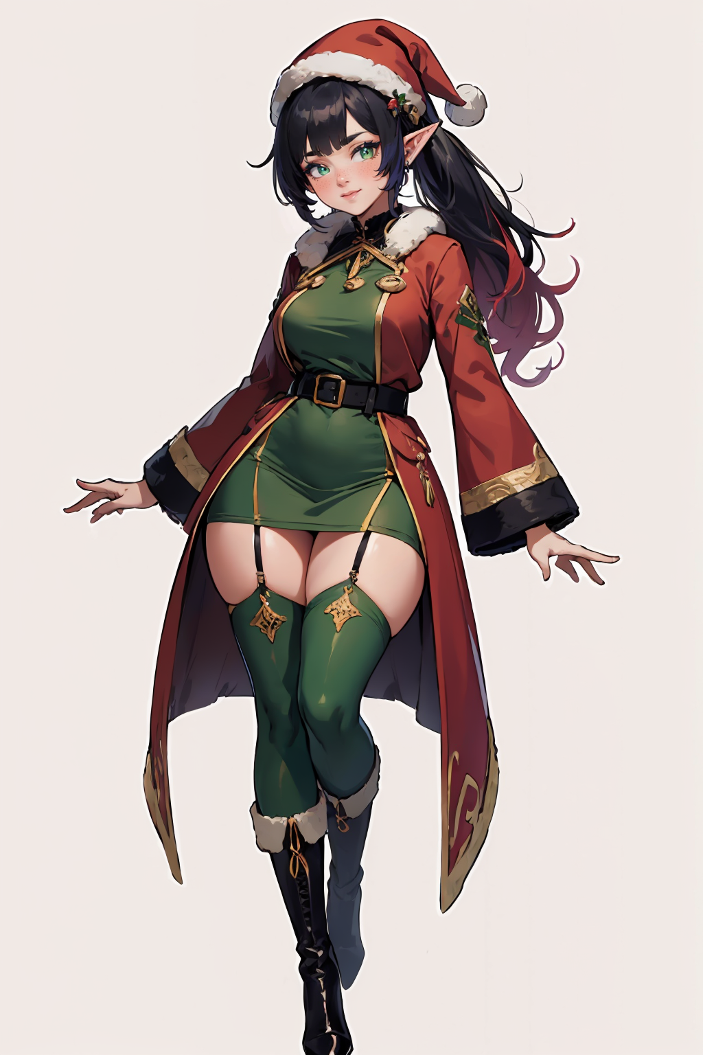 (masterpiece, best quality, highres, high resolution:1.2), extremely detailed, intricate details, 1girl, solo, looking at viewer, clamEmma, <lora:clamEmma:0.6>, (simple background, white background:1.2), full body, santa's elf, green outfit, stocking cap, high heel boots, smile, side-swept bangs, black hair, pink IncursioDipDyedHair, messy mid ponytail, green eyes, thick eyebrows, freckles, <lora:DipDyedHair:0.8>, <lora:weight_slider_v2:0.25>, (cinematic lighting, bloom, volumetric)