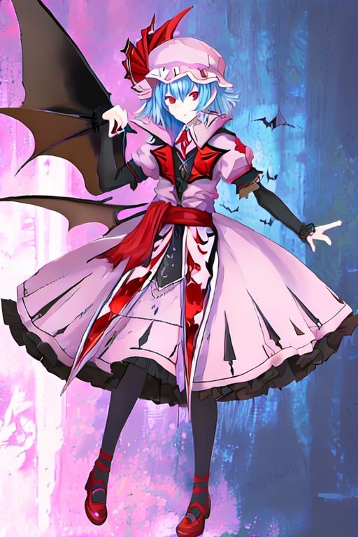 remilia scarlet, mob cap, blue hair, medium hair, fluffy hair, pointy ears, red eyes, collared dress, red ascot, red sash, elbow gloves, black pantyhose, red footwear, bat wings