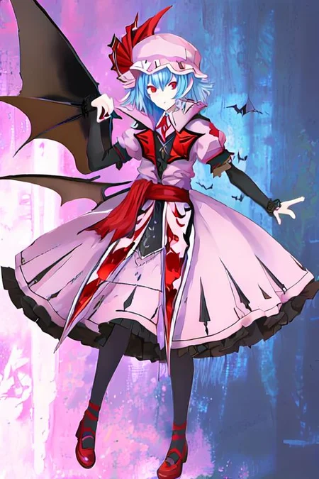remilia scarlet, mob cap, blue hair, medium hair, fluffy hair, pointy ears, red eyes, collared dress, red ascot, red sash, elbow gloves, black pantyhose, red footwear, bat wings