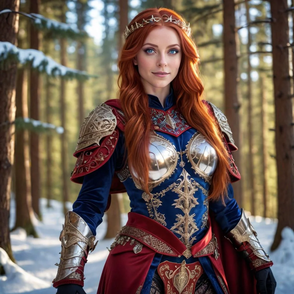 Odessa, masterpiece, 1girl NSFW:1.5, solo, red hair, long hair, smile, circlet, pants, cape, armor, closeup, full body, outdoors,(masterpiece:1.1), (best quality:1.1), 1girl, Real light and shadow, photo-realism, raytracing, 4k, 8k, wallpaper,epic, detail texture, red hair, (blue eyes:1.5), ((((red hair:1.35, medium hair)))), intricate eyes, beautiful detailed eyes, symmetrical eyes, big eyes:1.5, (((lustrous skin:1.5, bright skin: 1.5, skin tanned, shiny skin, very shiny skin, shiny body, plastic glitter skin, exaggerated shiny skin, illuminated skin))), (detailed body,(detailed face)), cute, erotic, daring, (((medieval armor, adventurer female armor, winter coat))), (((intricate outfit, intricate clothes, embroidered outfit, ornate outfit, embroidered clothes, ornate armor))), (dynamic pose:1.0), happy, smile, (centered, scale to fit dimensions, Rule of thirds), ((snowy pine forest at night)), with dark stormy clouds, winter scenery:1.25, ((snow forest background)), highres, sharp focus, (ultra detailed, extremely detailed), (photorealistic) (extremely detailed CG unity 8k wallpaper), (((vibrant colors,vibrant theme))), (intricate), (masterpiece),(best quality), lean on table, lace dress nsfw:1.5