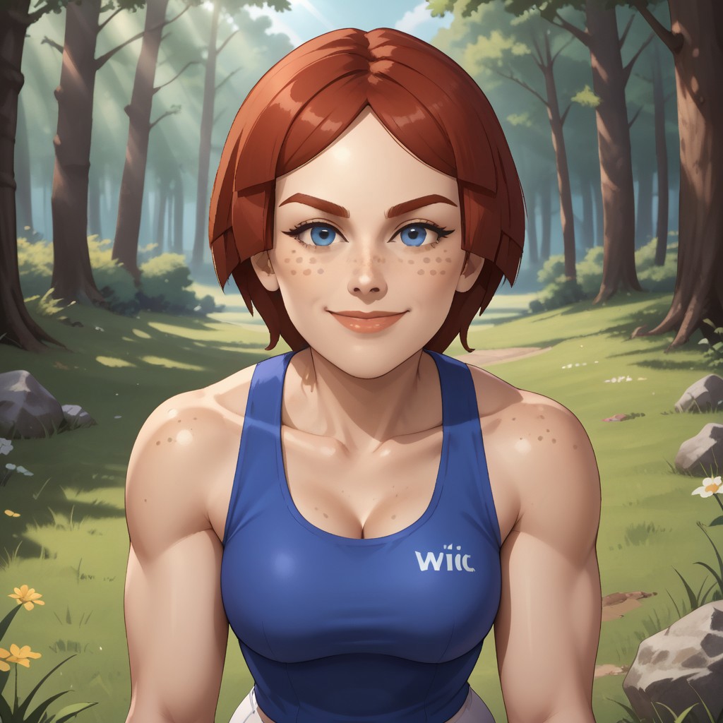 score_9, score_8, BREAK, solo, wii, mii, female mii, wii sports, 1girl, blue eyes, dark red hair, dark red eyebrows, lips, freckles, purple clothing, white pants, shoes, nintendo mii, modern_mii, classic_mii, breasts, Giovanna_(Wii_Sports), adult female, mature female, breasts, sexy pose, self portrait, smile, outdoors, sunlight, shadows, evening lighting, natural lighting, forest, trees, grass, orange sky, sunset