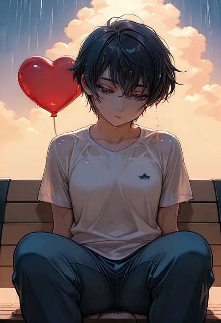 masterpiece, best quality, amazing quality, anime coloring ,
BREAK
source_anime, anime, side angle, close up, from frontal,
prospective,
1man, solo, 30years,
man sitting on a bench, park place, black hair, (very short hair), white shirt, blu jeans, brown eyes, tennis shoes, looks down, gloomy, cloudy sky, light rain, wet clothes, (one red heart-shaped balloon flies far overhead). sad face.
BREAK
professional (4k, uhd, masterpiece, best quality, high quality, absurdres, ultra-detailed),Intricate, Complex contrast, HDR,OverallDetail, absurdres, 4k, ultra sharp, ultra detailed, high contrast, good contrast, depth of field,
