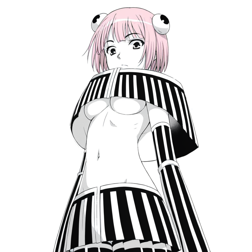 striped pantyhose, pink hair, short hair, medium breasts, navel, underboob, white background, striped, monochrome, breasts