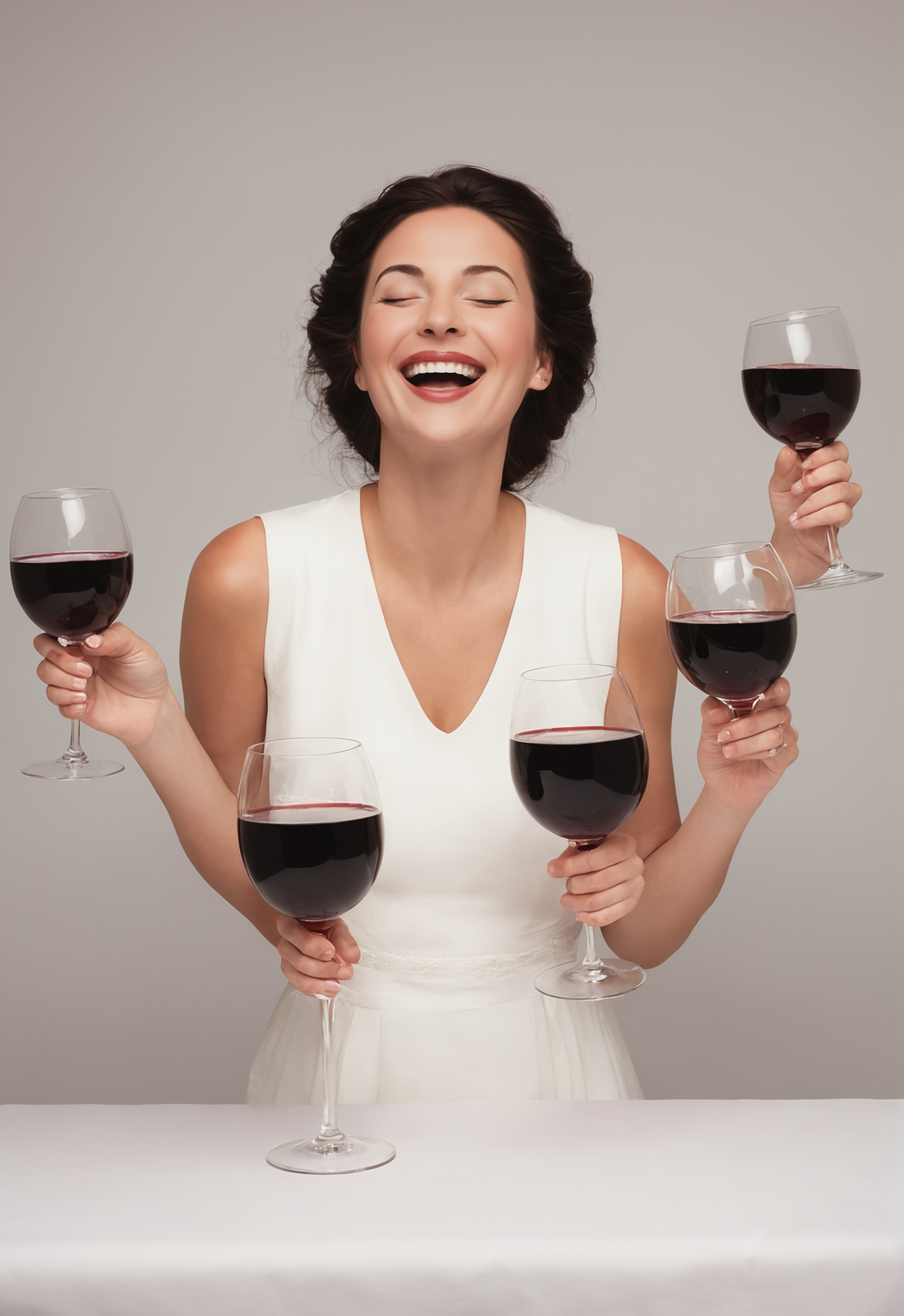 ethereal fantasy concept art of a dark hair French woman holding giant glasses of red wine in each hand, largest smile, (eyes closed:2.0), drunk, laughing uncontrollably, white summer dress, french restaurant, white table cloth, grilled steak, in the style of greg rutkowski . magnificent, celestial, ethereal, painterly, epic, majestic, magical, fantasy art, cover art, dreamy