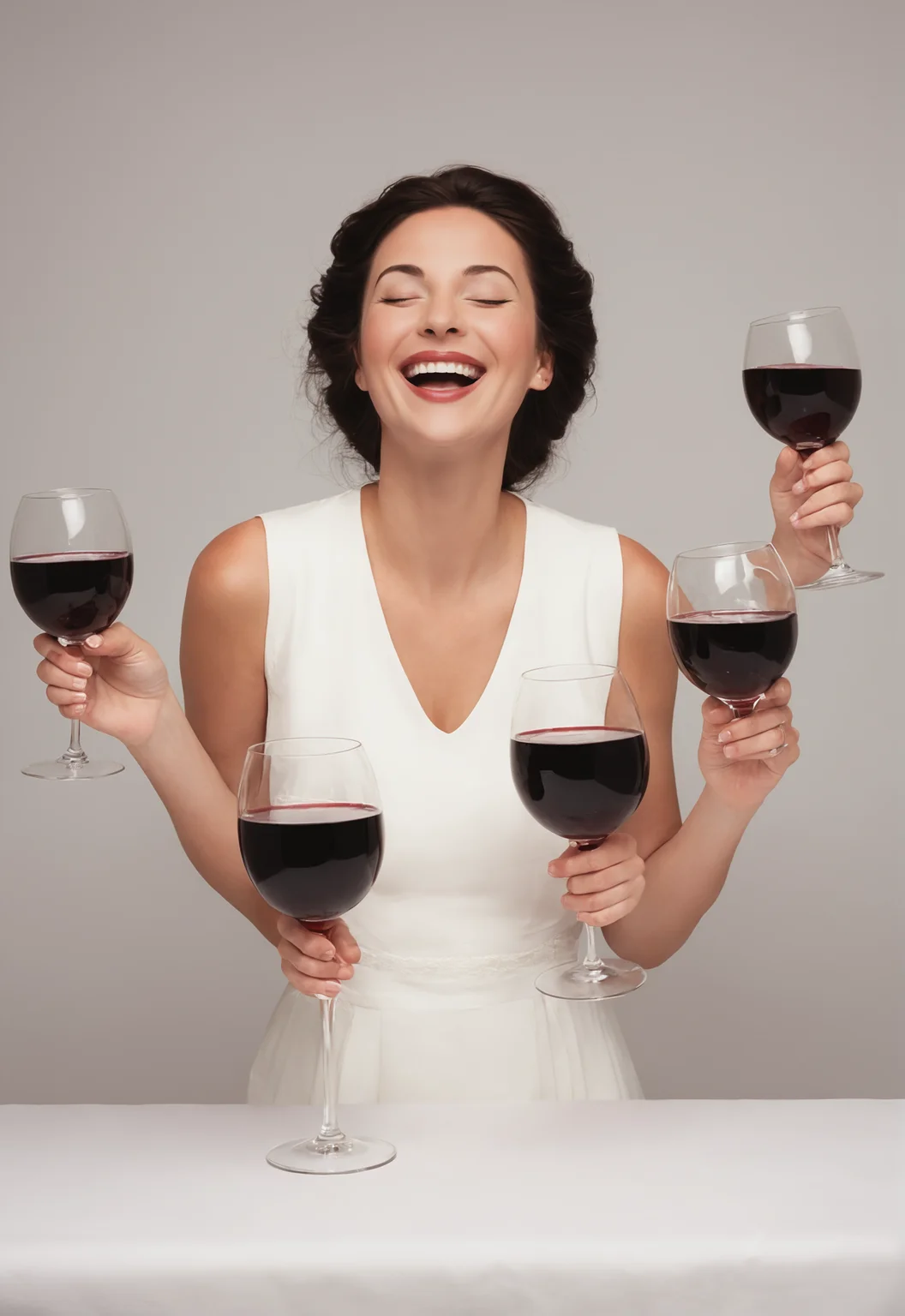 ethereal fantasy concept art of a dark hair French woman holding giant glasses of red wine in each hand, largest smile, (eyes closed:2.0), drunk, laughing uncontrollably, white summer dress, french restaurant, white table cloth, grilled steak, in the style of greg rutkowski . magnificent, celestial, ethereal, painterly, epic, majestic, magical, fantasy art, cover art, dreamy
