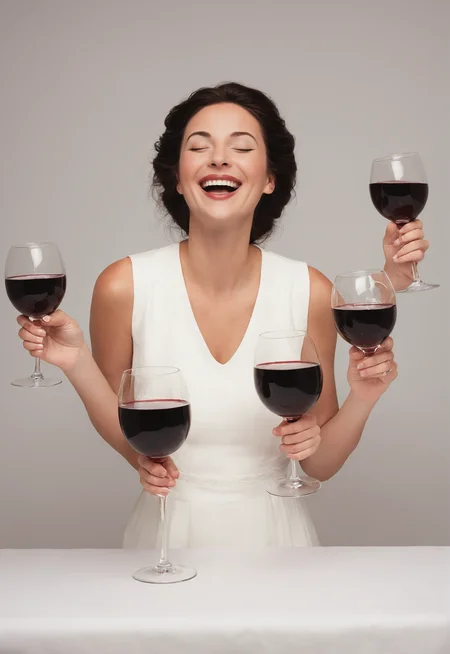ethereal fantasy concept art of a dark hair French woman holding giant glasses of red wine in each hand, largest smile, (eyes closed:2.0), drunk, laughing uncontrollably, white summer dress, french restaurant, white table cloth, grilled steak, in the style of greg rutkowski . magnificent, celestial, ethereal, painterly, epic, majestic, magical, fantasy art, cover art, dreamy