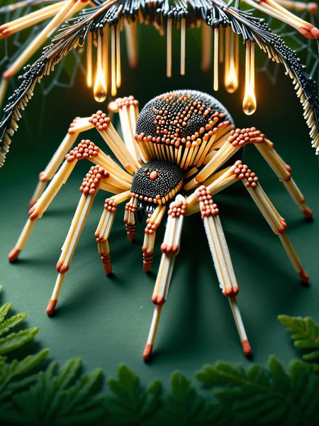 A spider made of ais-matches, sat on his ais-matches web, dangling between two branches, with a dense foliage background <lora:Matches_Style_SDXL:1>